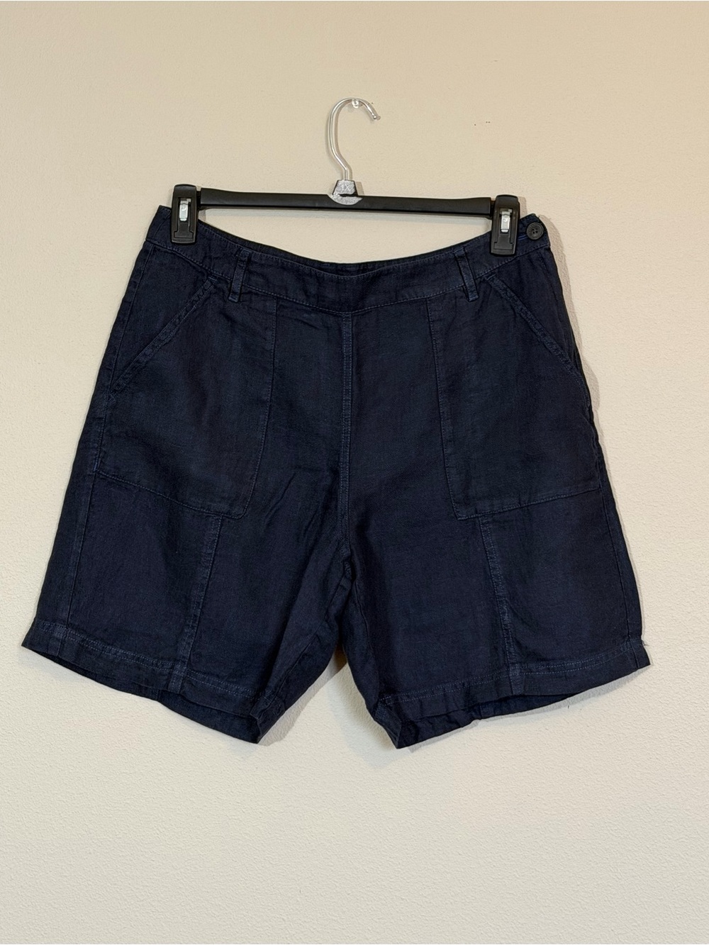 Poetry Navy Linen Shorts with Front Pockets, side zipper & button closure.